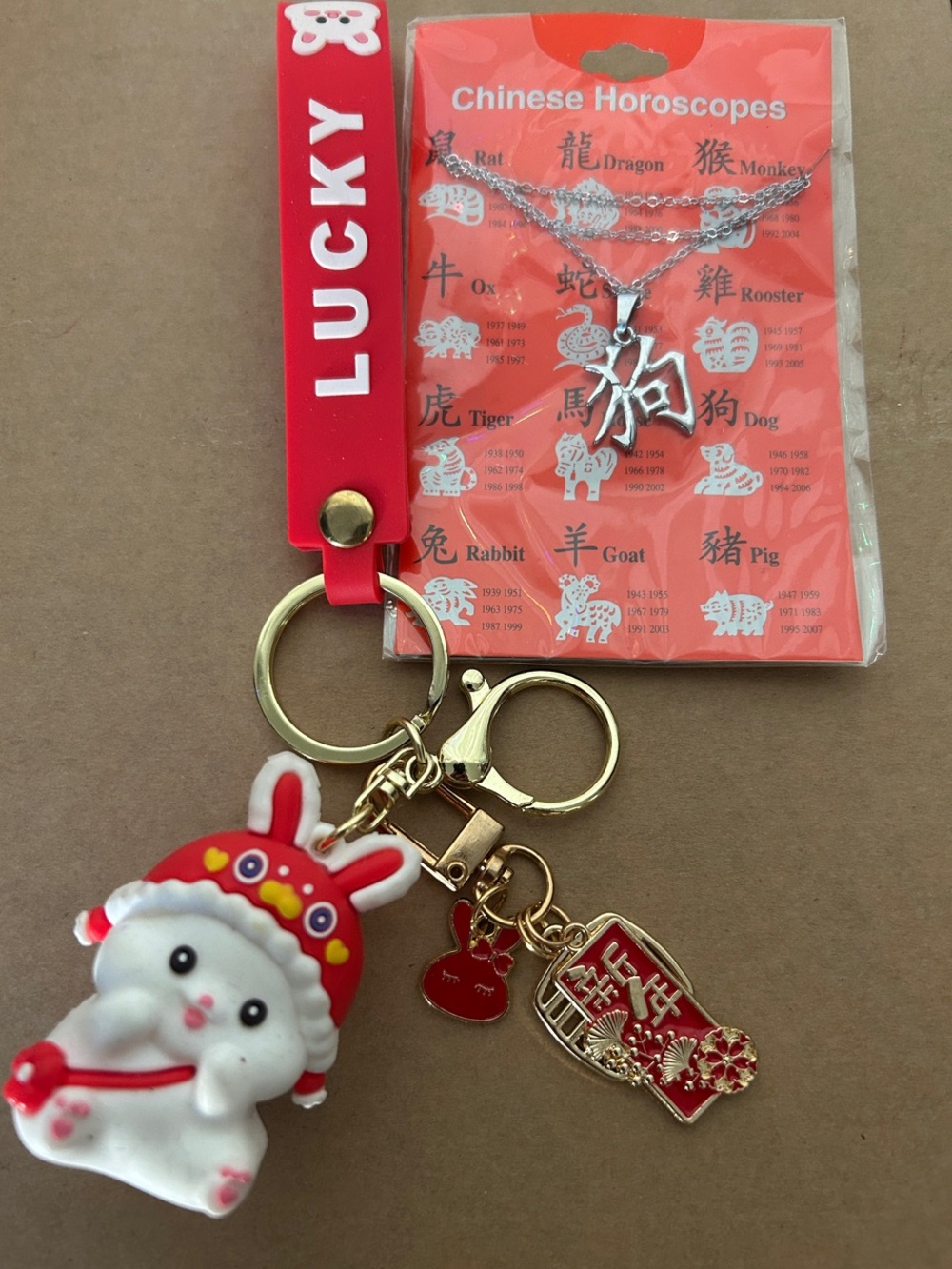Lucky Brand Red & White Rabbit Keychain with Gold Accents
